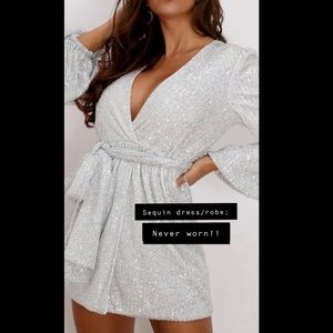 NWOT Plunge-Neck Belted Wrap Sequin Dress